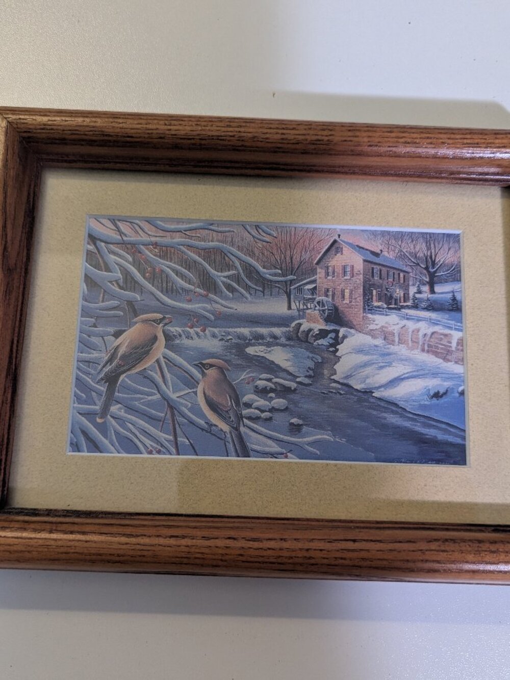 Vintage Framed Patrick J. Costello Print Winter Snow Scene w/ Mill House & Birds